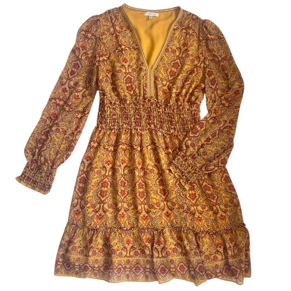 Max Studios Yellow Red Floral Smocked  Patterned Bohemian  Women's Dress sz M
